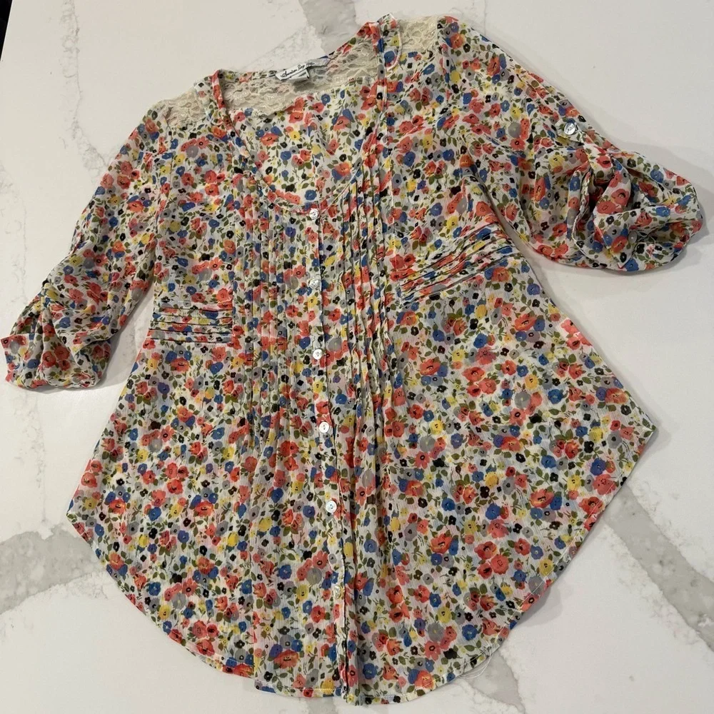 American Rag Cie Cottagecore Floral Tie Back Sheer Peasant Top Womens Small Lace - Picture 2 of 7